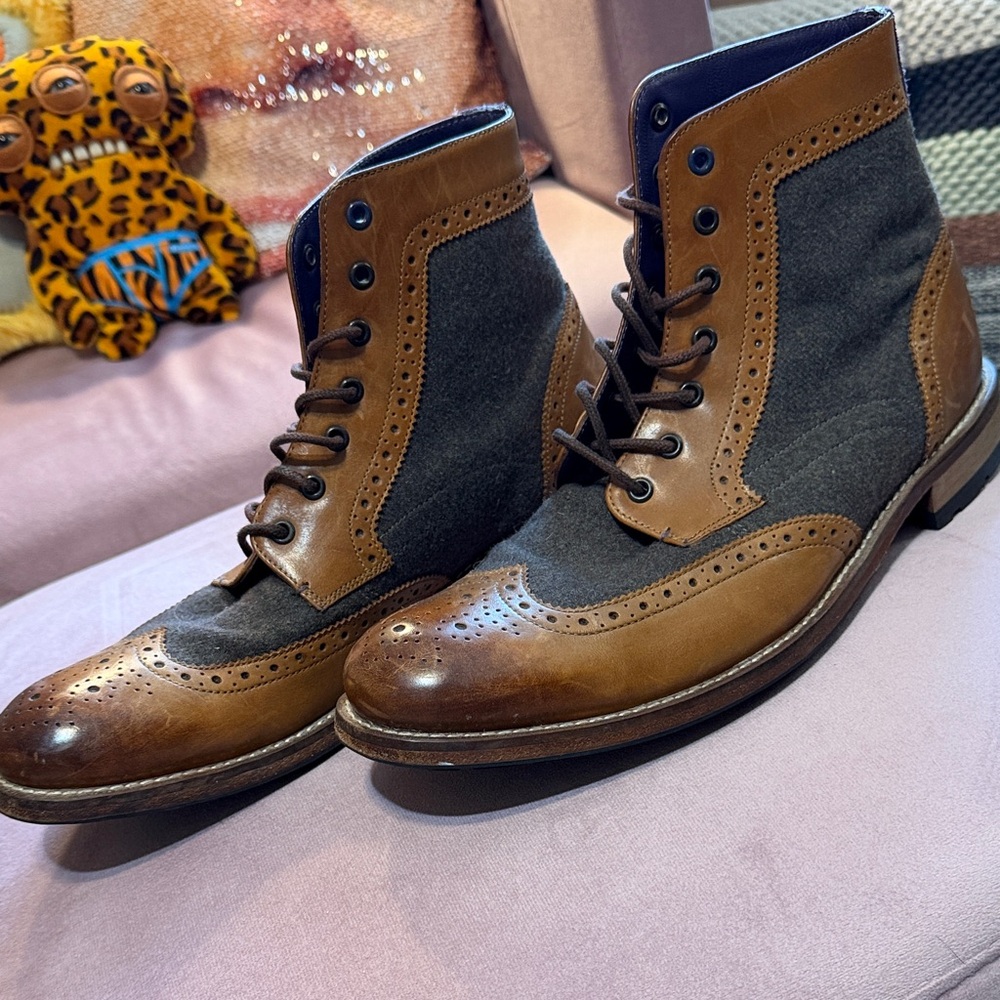 Ted Baker Brown and Gray Leather-Trim Chukka Wingtip Boots